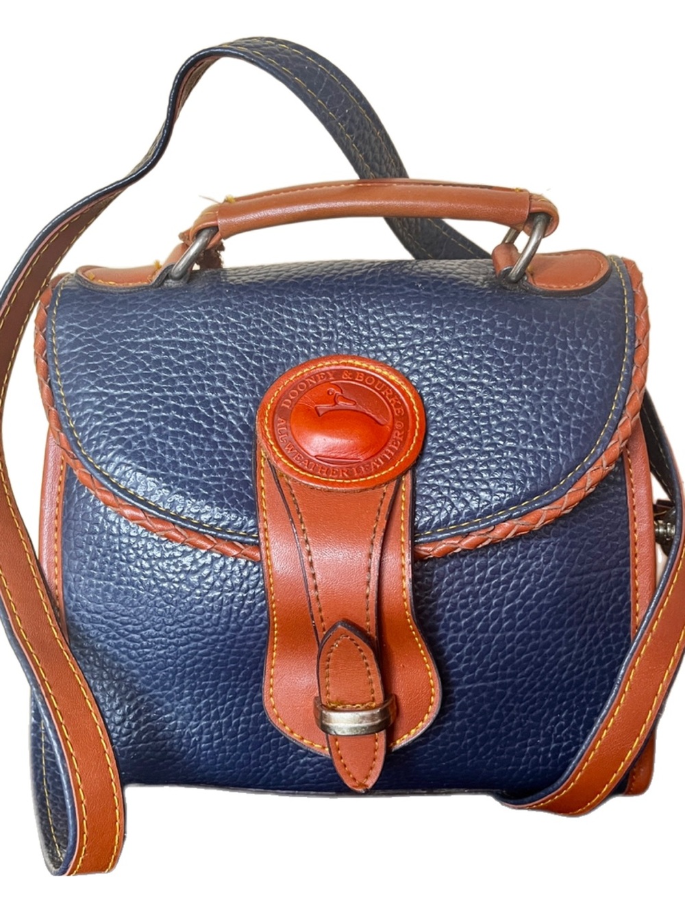 Dooney and Bourke Vintage Essex Blue Crossbody Satchel with British Tan Trim